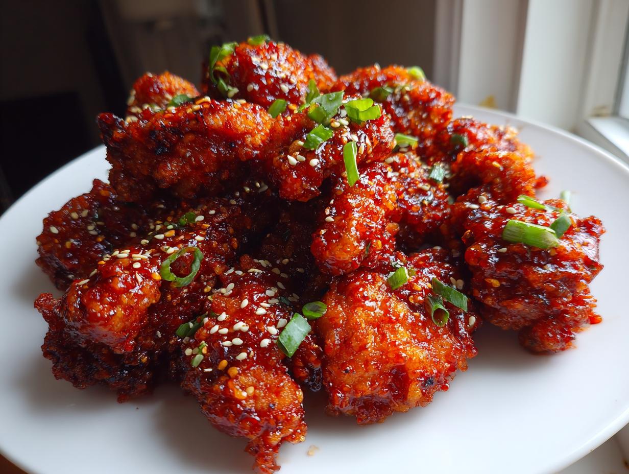 A close-up of crispy, glazed korean fried chicken pieces piled on a white plate, garnished with sesame seeds and green onions.