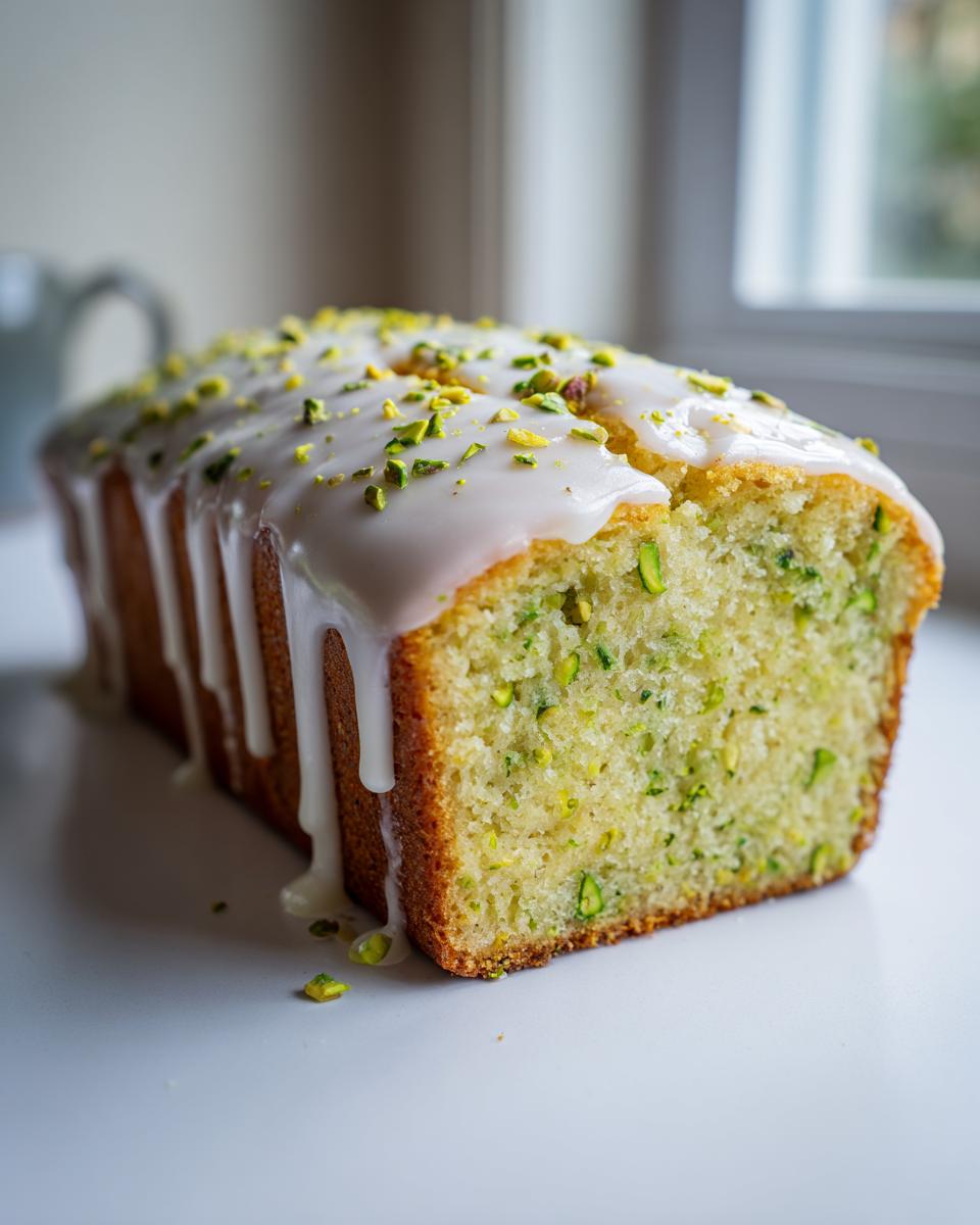 A loaf of moist pistachio bread, sliced to show green nuts inside, topped with white glaze and chopped pistachios.