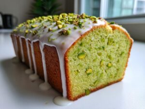 A loaf of bright green pistachio bread, sliced to show the crumb, topped with white glaze and chopped pistachios.