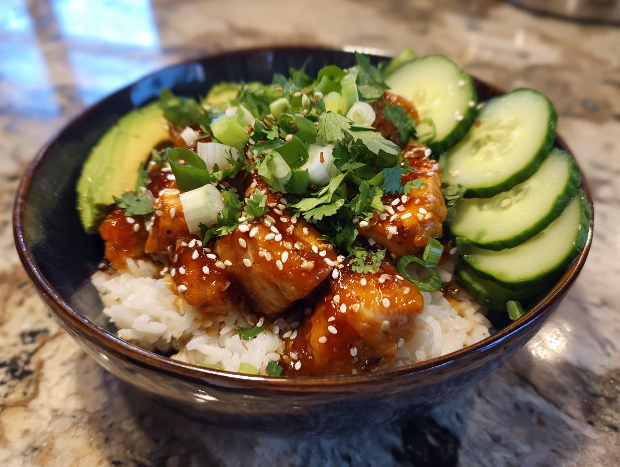 A close-up of a delicious salmon bowls featuring glazed salmon pieces over rice, topped with sesame seeds, cilantro, and served with sliced avocado and cucumber.