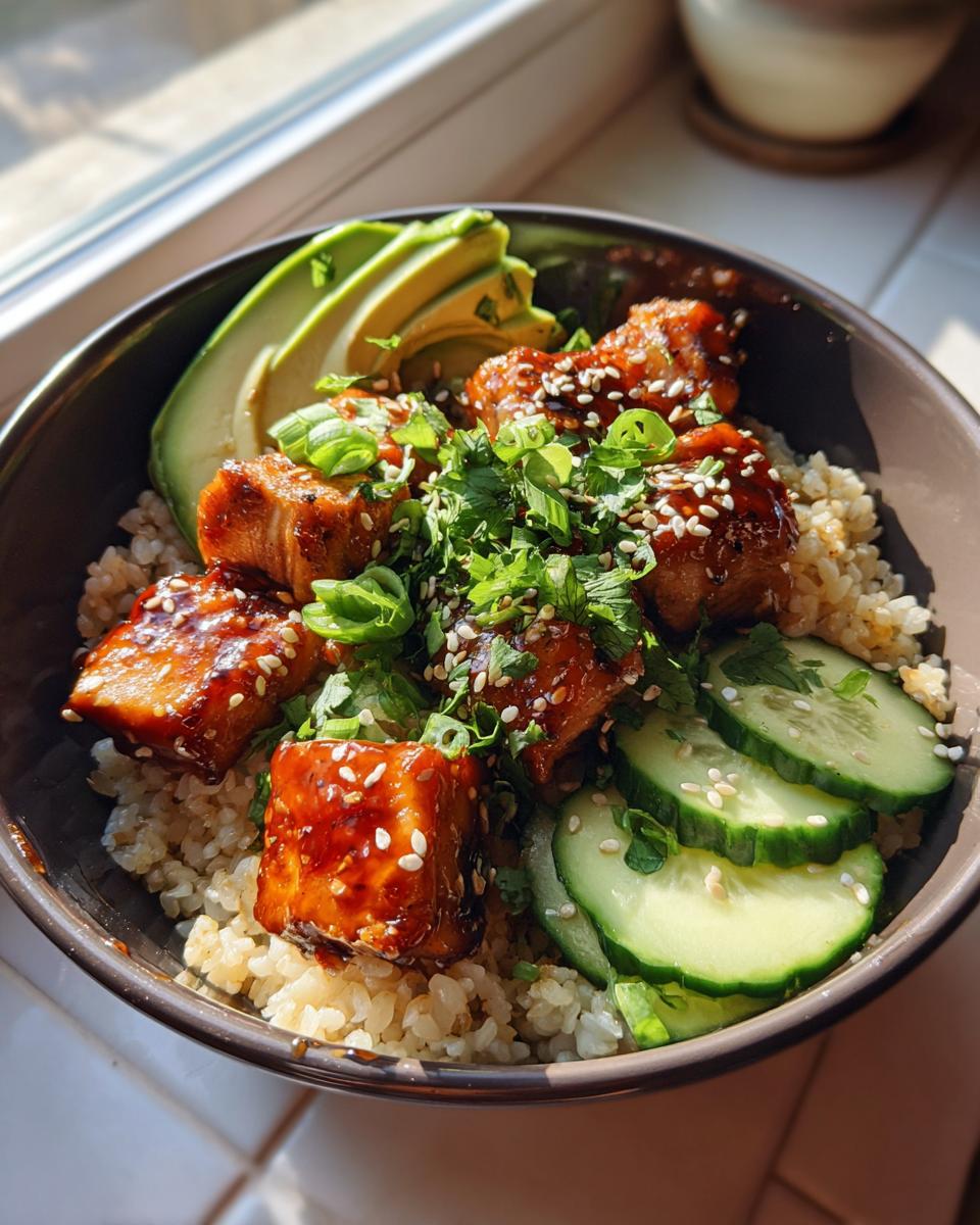Close-up of a delicious salmon bowls featuring glazed salmon cubes over brown rice with avocado and cucumber.