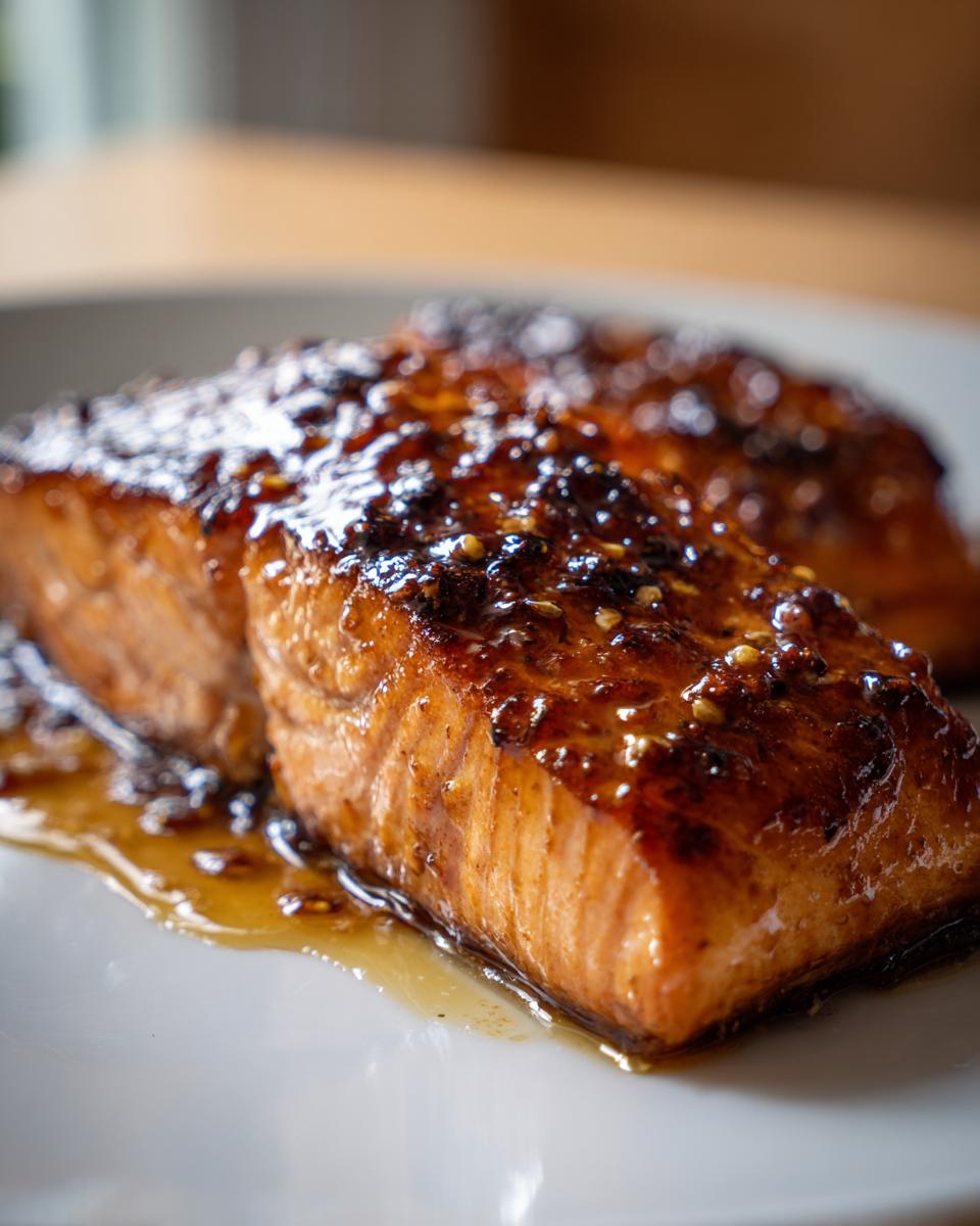 Close-up of a perfectly cooked, glazed salmon fillet resting on a white plate with sauce pooling underneath.