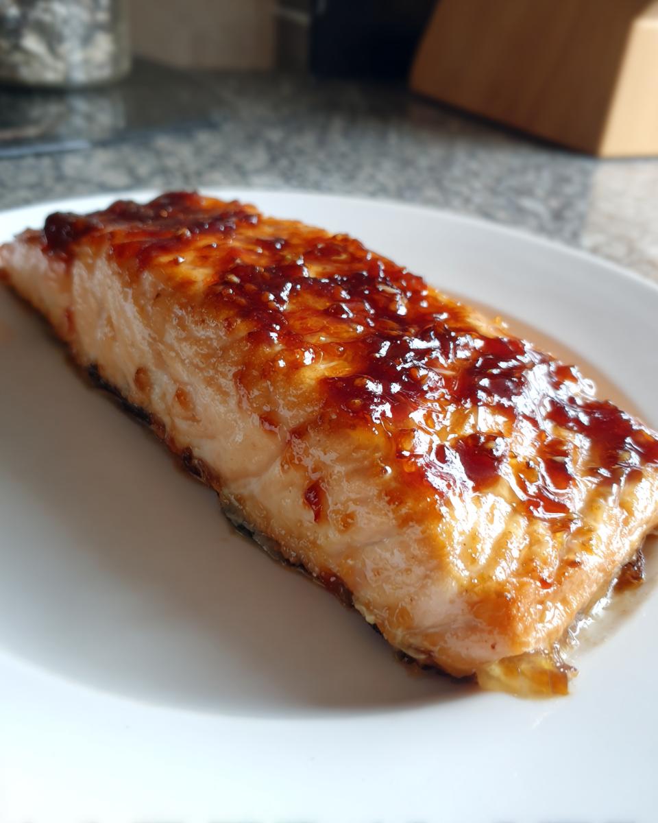A close-up of a perfectly cooked salmon fillet topped with a thick, shiny, dark glaze.
