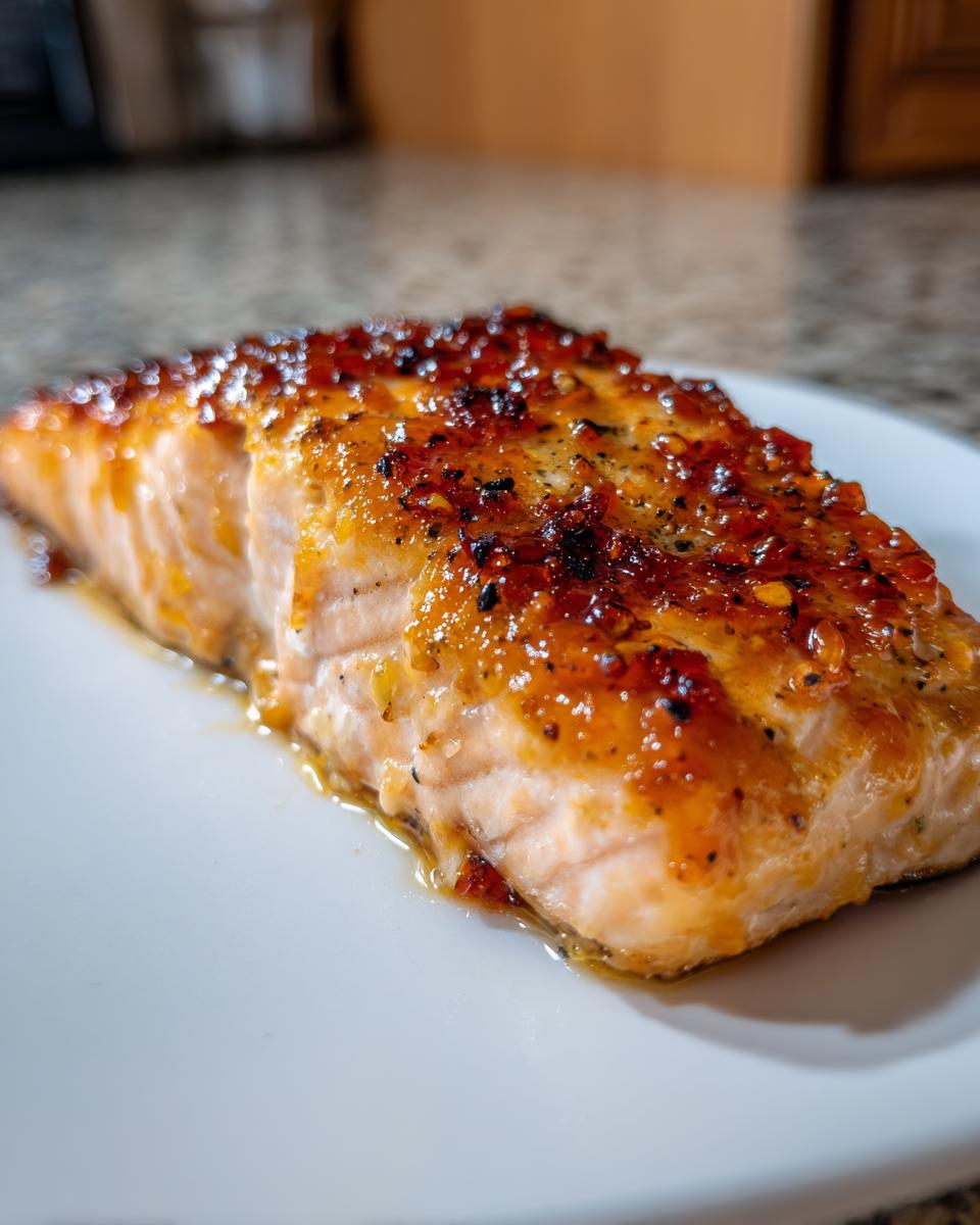 Close-up of a perfectly cooked salmon fillet with a sweet and spicy glaze, ready to eat.