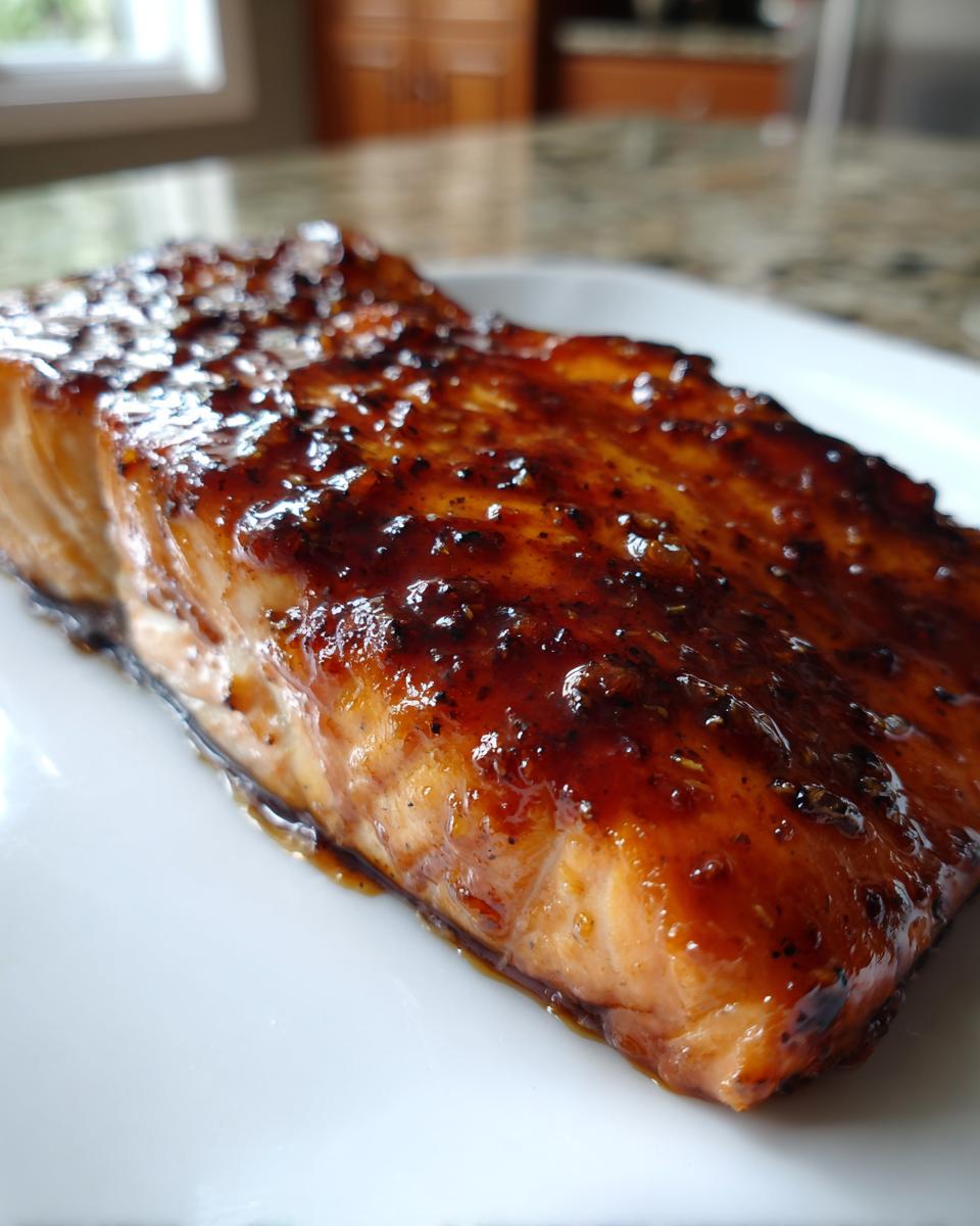 Close-up of a perfectly cooked salmon fillet coated in a thick, dark, sweet and savory glaze.