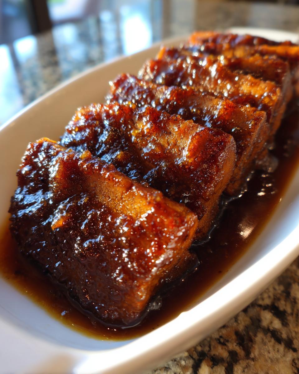 Close-up of glistening, thick-cut candied sweet potatoes coated in dark, rich syrup.
