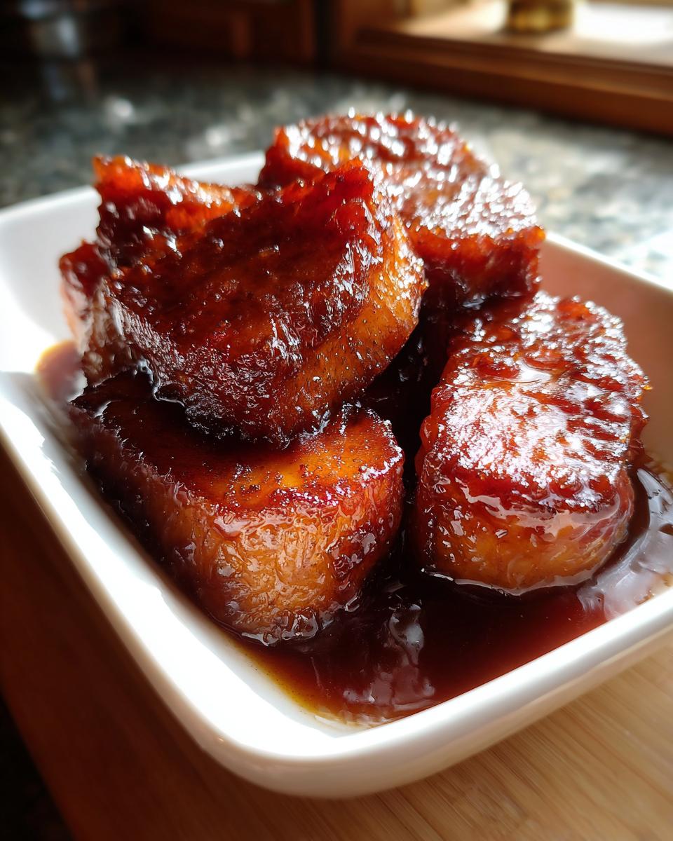 Close-up of glossy, caramelized candied sweet potatoes soaking in dark brown syrup in a white dish.