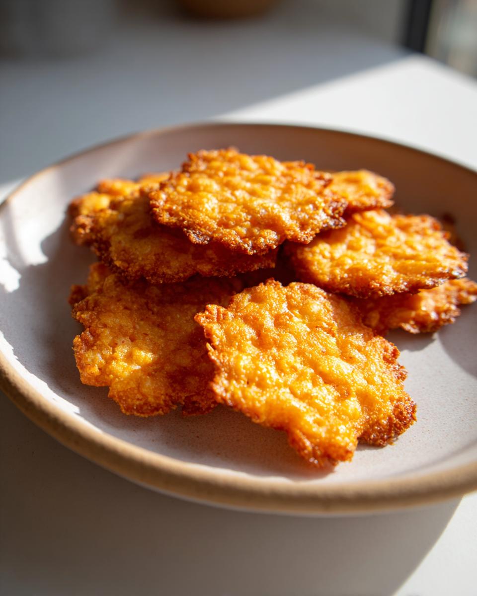 A close-up of several golden brown, crispy 4-ingredient cheese crackers piled on a light ceramic plate.