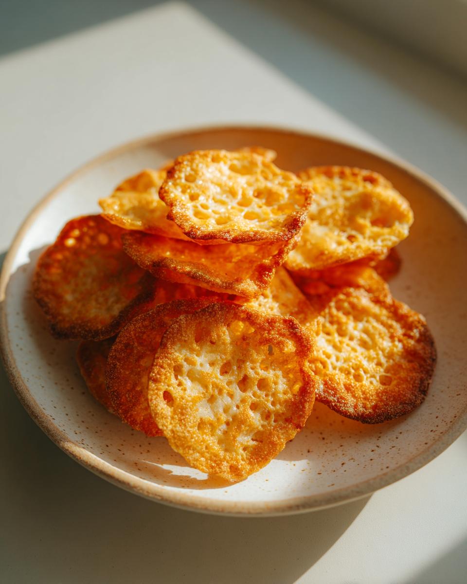 A stack of crispy, golden-brown, homemade cheese crackers with visible air pockets, served on a speckled ceramic plate.