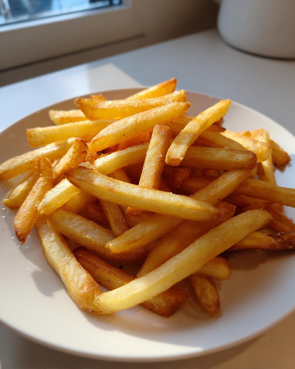 Close-up of a generous serving of golden, crispy air fryer french fries sprinkled with salt on a white plate.