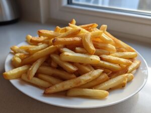 A large pile of golden, crispy air fryer french fries served on a white plate near a window.
