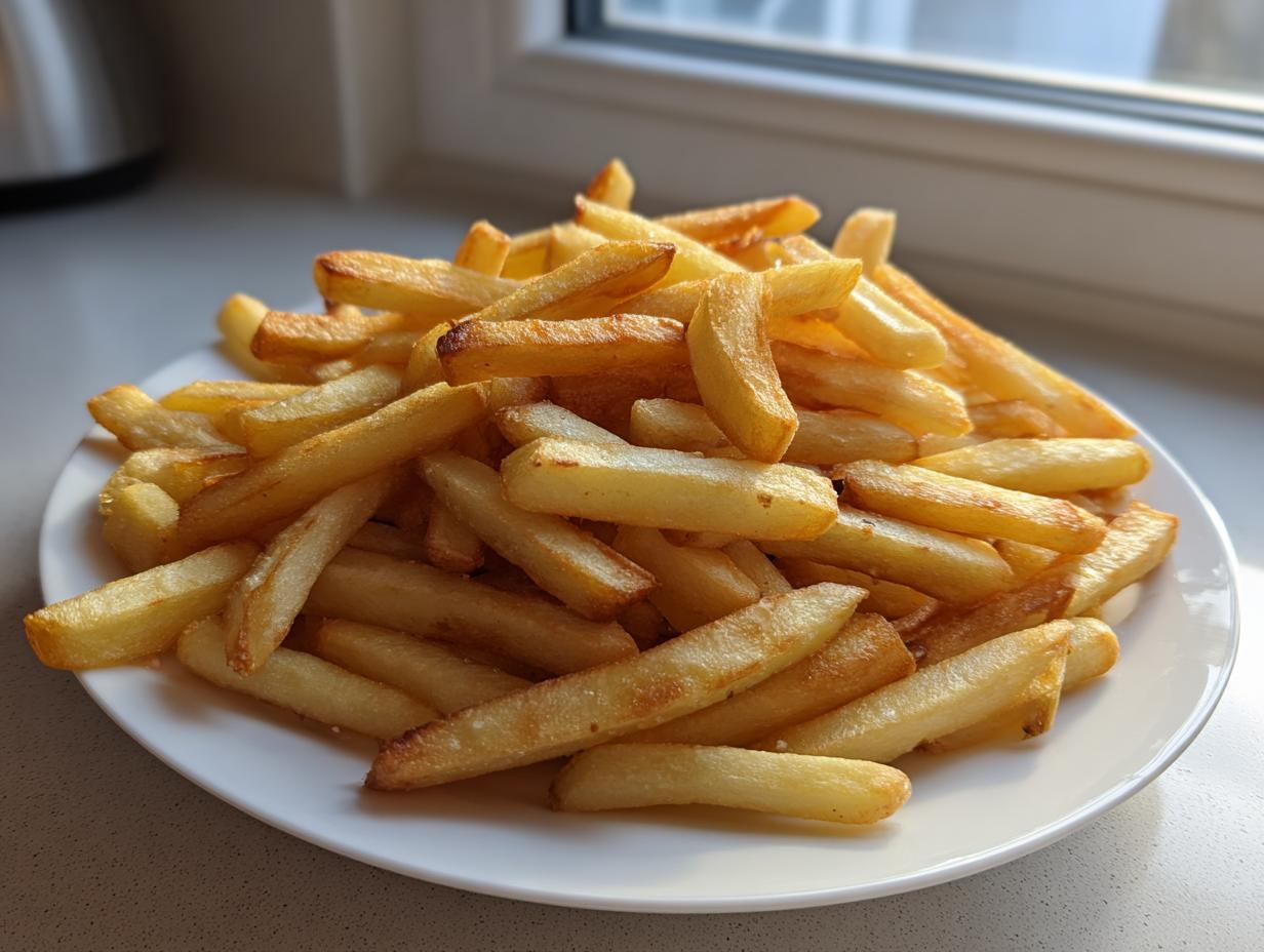 A large pile of golden, crispy air fryer french fries served on a white plate near a window.