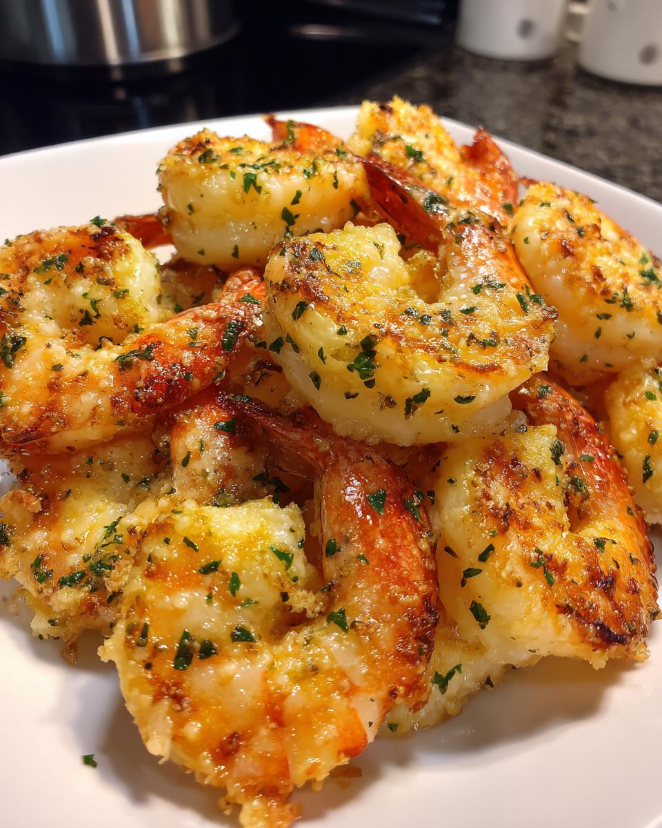 Close-up of perfectly cooked, golden brown air fryer shrimp seasoned with garlic and fresh parsley.