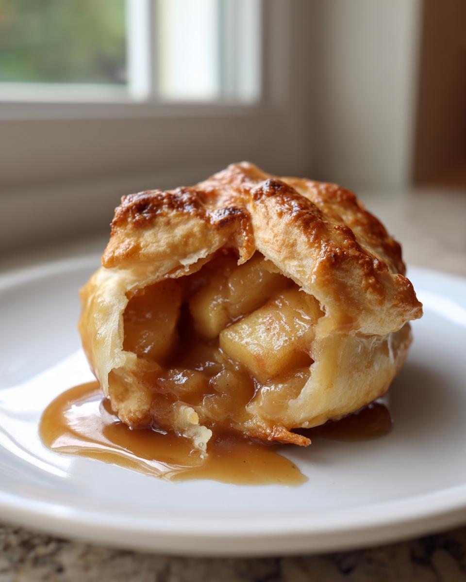 A single, flaky baked apple dumpling filled with spiced apple chunks and dripping with caramel sauce on a white plate.
