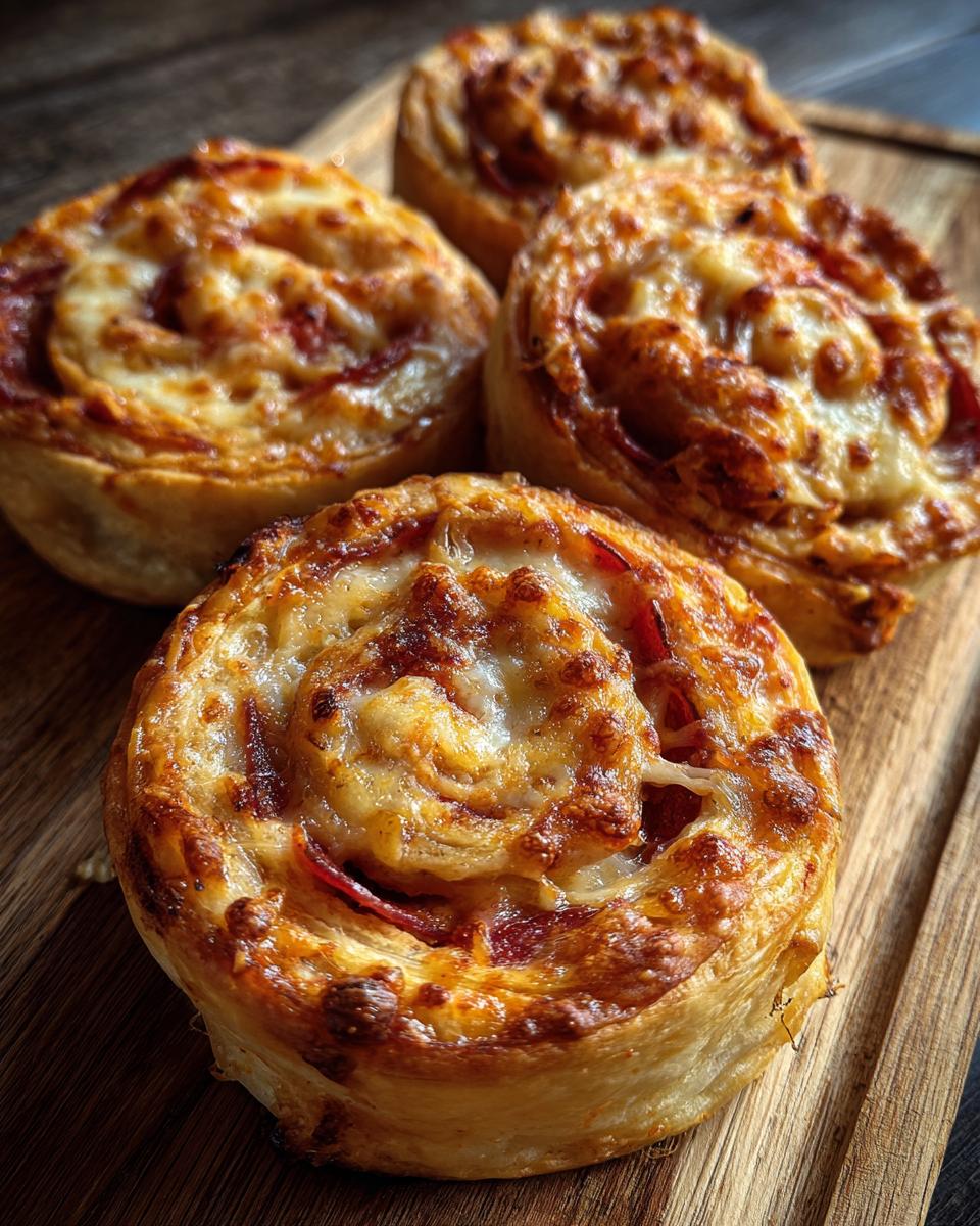 Four golden-brown, freshly baked pizza pinwheels topped with melted, bubbly cheese, resting on a rustic wooden cutting board.