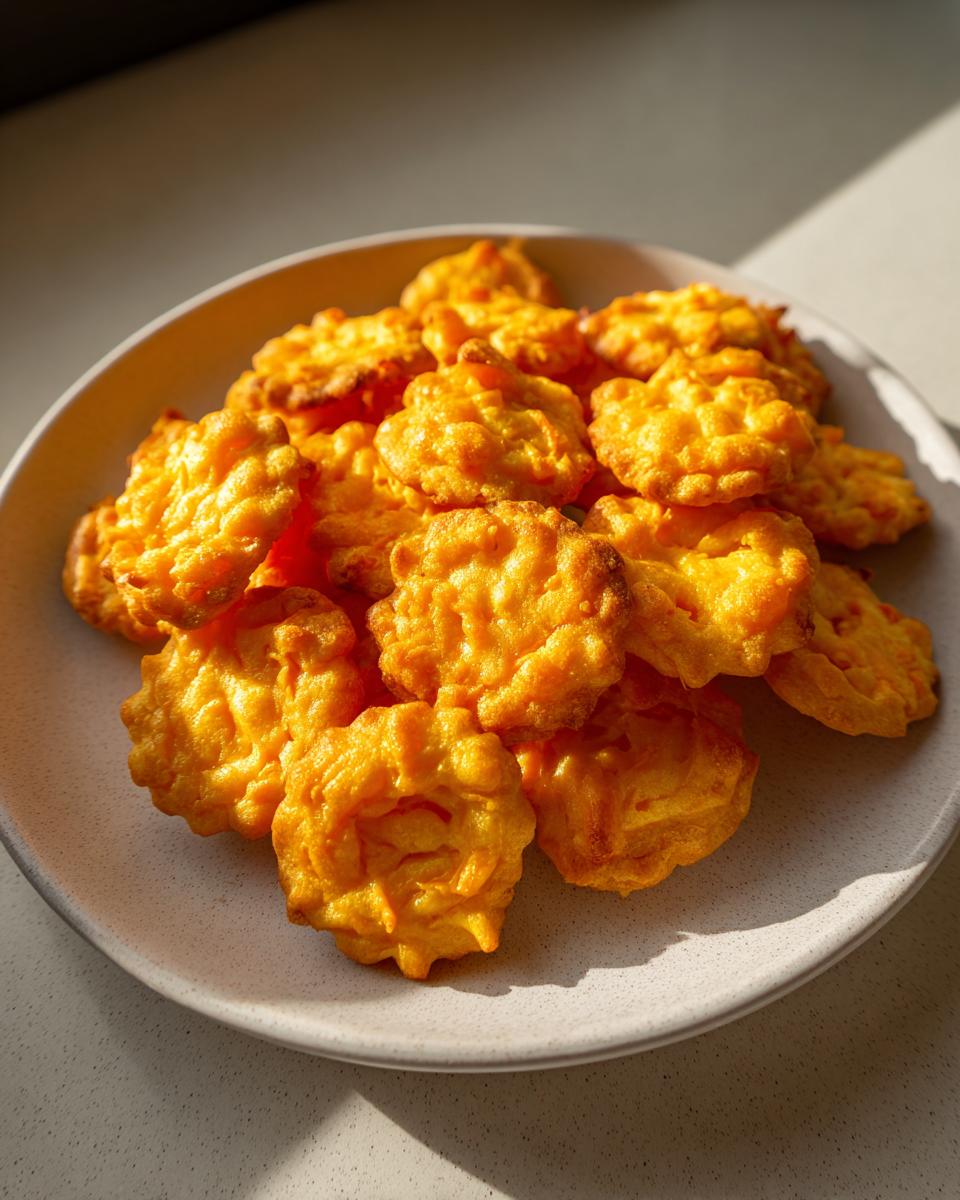 A mound of freshly baked, bright orange cheese crackers piled high on a light gray speckled plate.