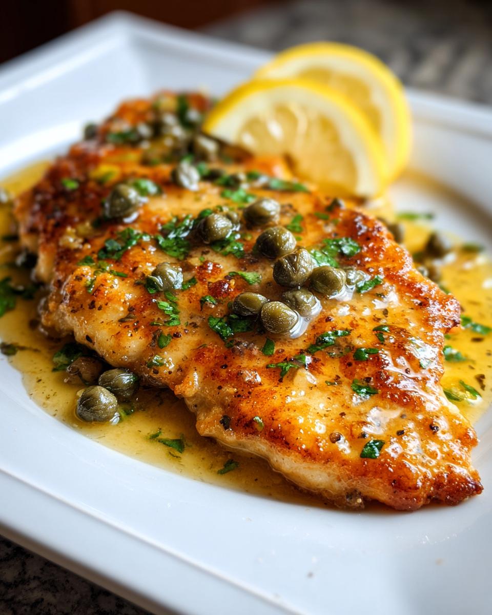 Close-up of a pan-seared chicken piccata fillet topped with capers, parsley, and lemon sauce.