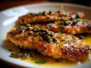 Close-up of three golden-brown chicken piccata fillets swimming in lemon-butter sauce and topped generously with capers.