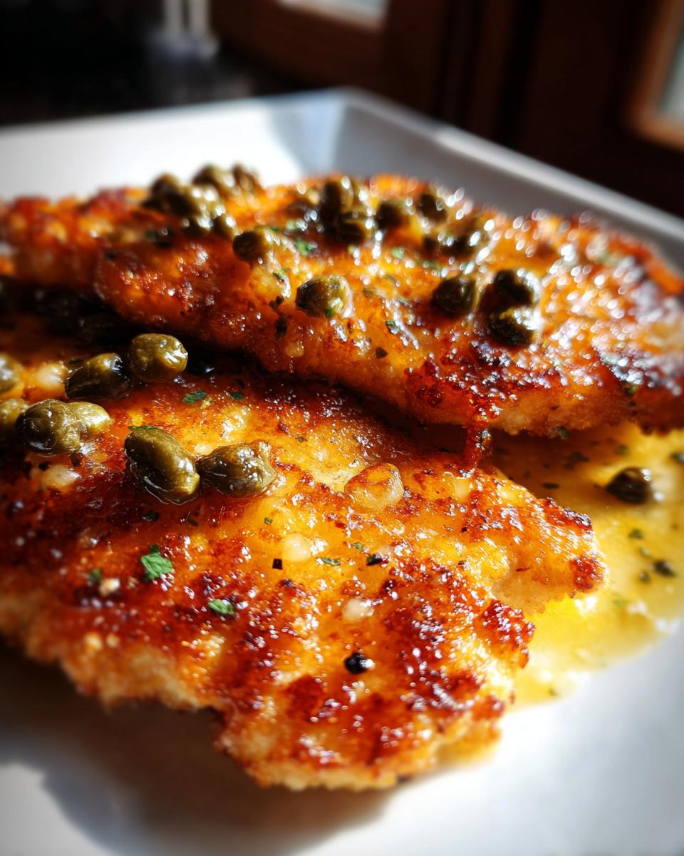 Close-up of two golden-brown, pan-fried chicken piccata fillets covered in lemon-butter sauce and whole capers.