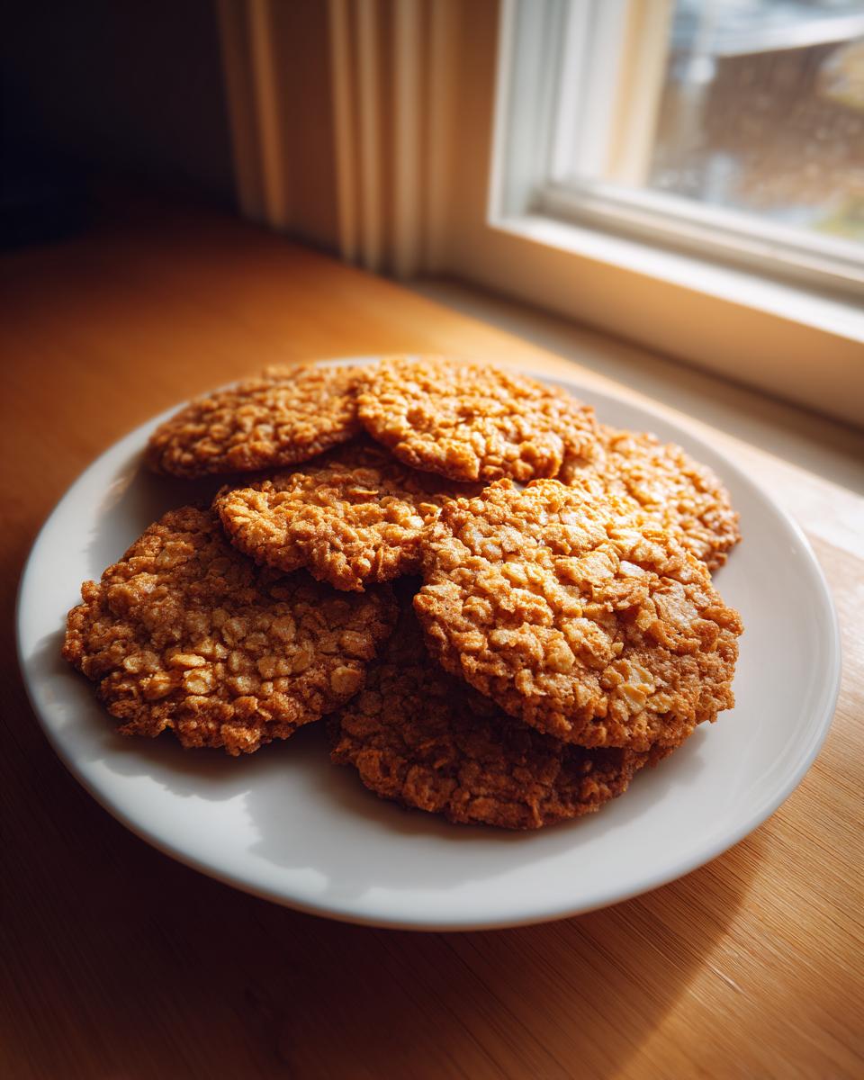 A stack of golden brown oatmeal lace cookies resting on a white plate near a sunlit window.