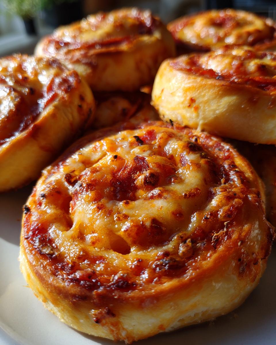 Close-up of several freshly baked pizza pinwheels stacked together, showing golden crust and melted, slightly browned cheese.