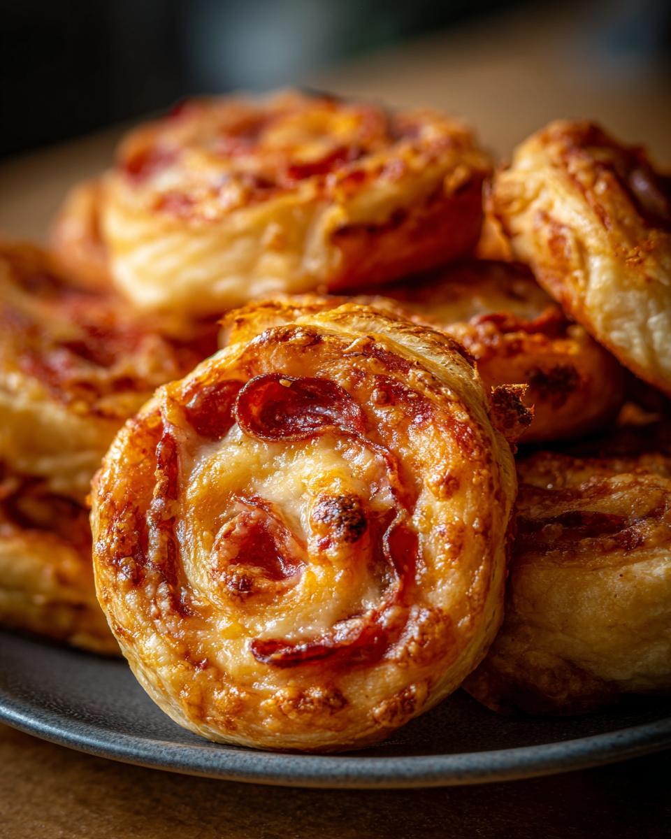 A close-up of freshly baked, golden brown pizza pinwheels topped with melted cheese and pepperoni slices.