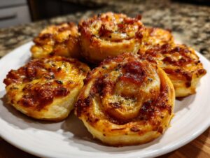 Close-up of several golden brown, baked pizza pinwheels piled on a white plate.
