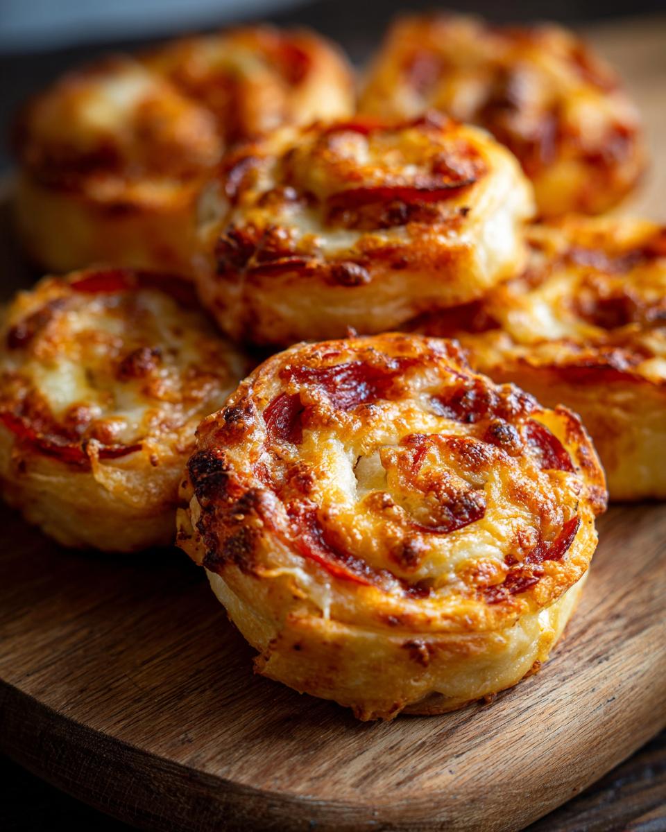 Close-up of several golden brown pizza pinwheels topped with melted cheese and pepperoni slices.