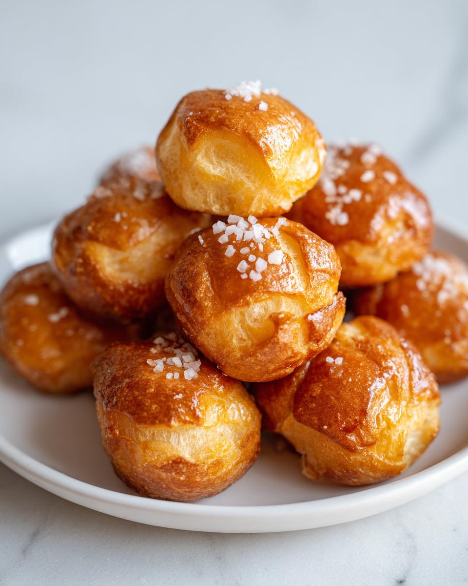 A close-up stack of freshly baked, golden brown pretzel bites sprinkled with coarse sea salt.