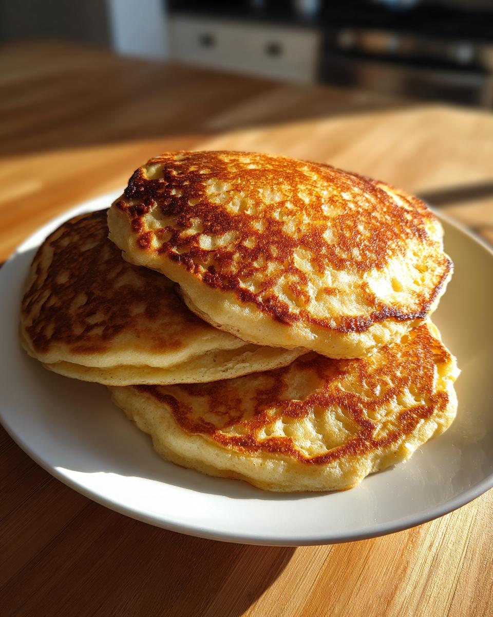 A stack of three golden-brown almond flour pancakes resting on a white plate in warm sunlight.