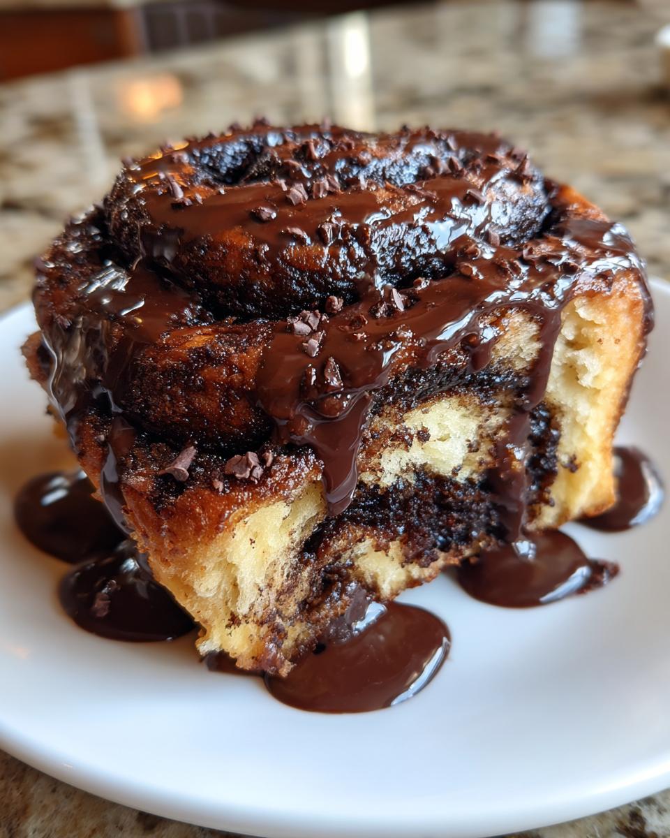 Close-up of a gooey chocolate cinnamon rolls slice covered in rich chocolate glaze and cacao nibs.