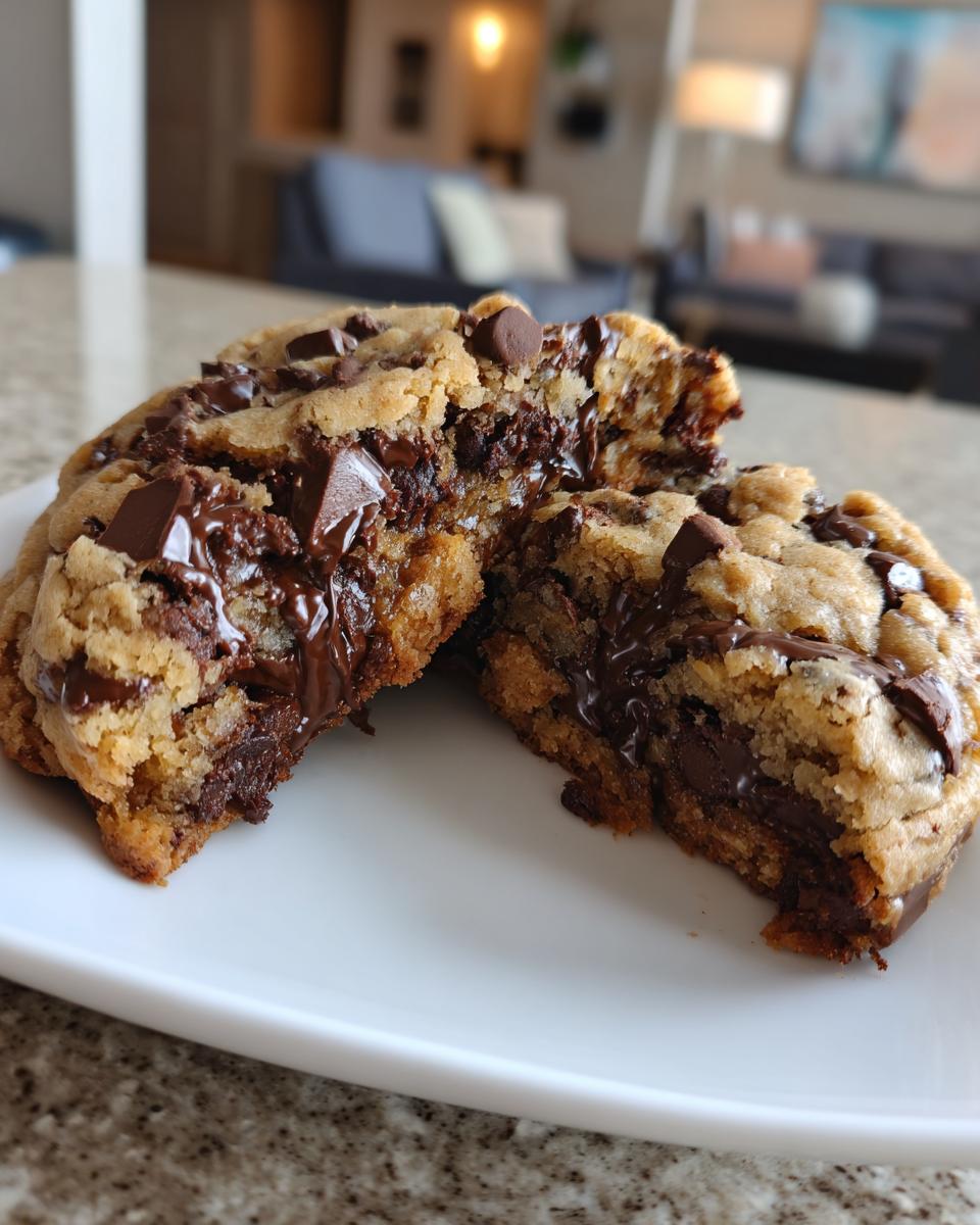Close-up of a levain bakery chocolate chip cookie broken in half, showing melted chocolate chips inside.