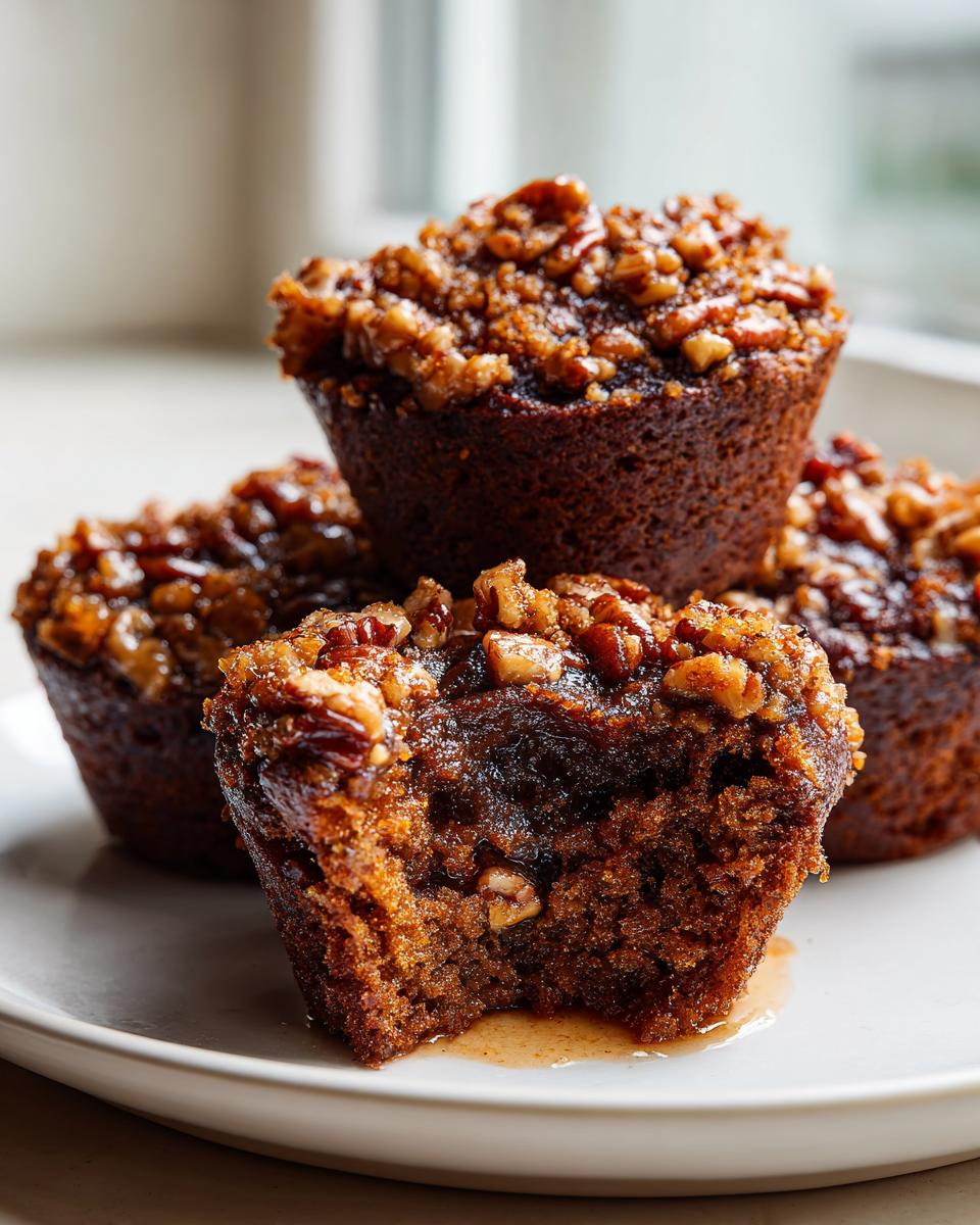 Close-up of gooey pecan pie muffins, one bitten into, showing the moist interior and sticky pecan topping.