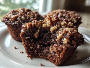 Close-up of a gooey pecan pie muffin cut in half, showing the rich chocolate interior and crunchy pecan topping.