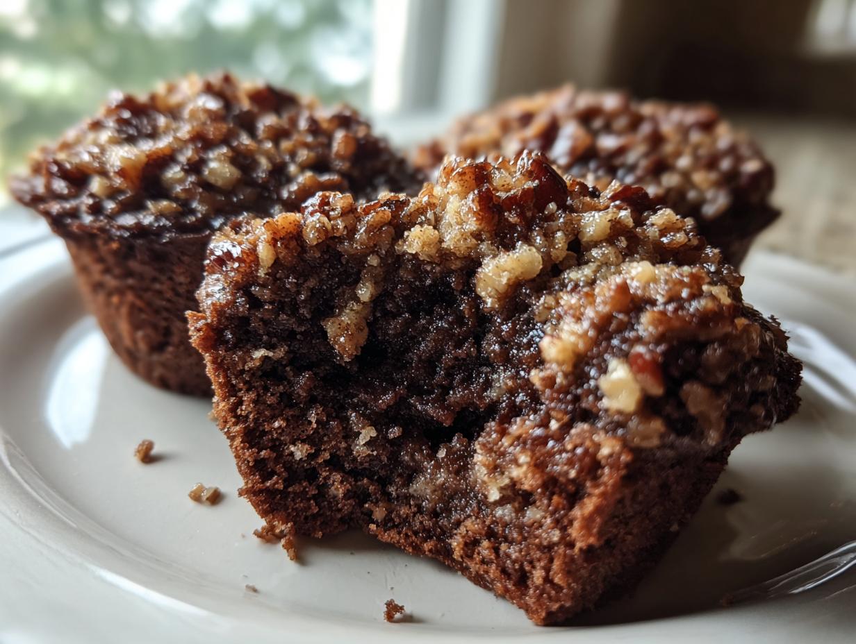 Close-up of a gooey pecan pie muffin cut in half, showing the rich chocolate interior and crunchy pecan topping.