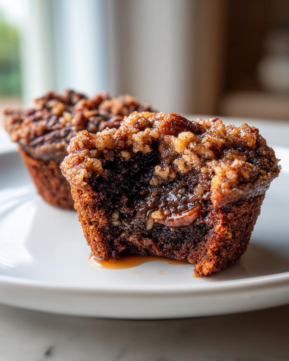 Close-up of a pecan pie muffins cut in half showing the gooey center and crunchy pecan topping.