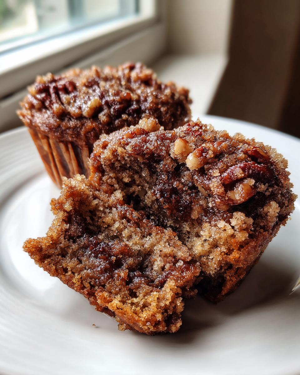 Close-up of a gooey pecan pie muffin broken in half, showing the moist, brown interior and pecan topping.