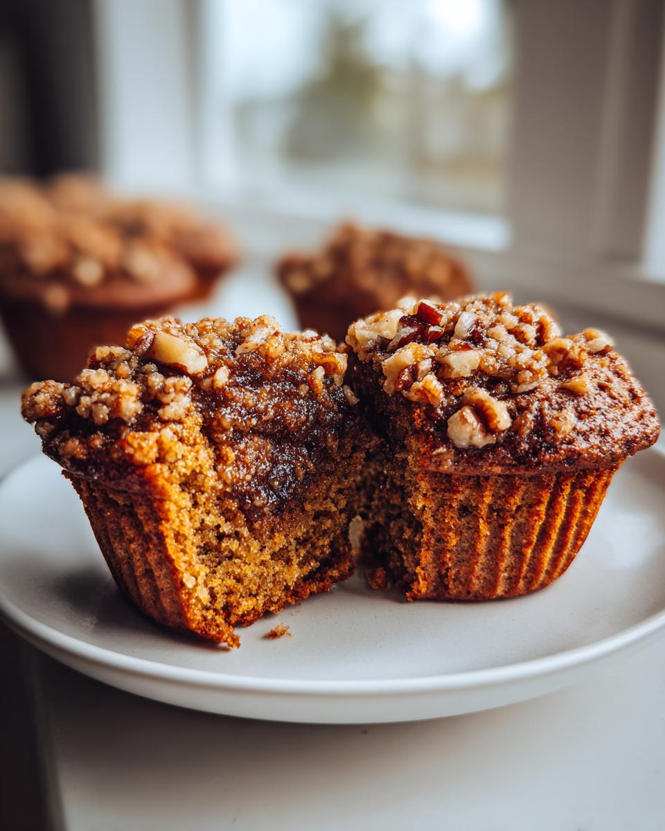 Close-up of a pecan pie muffins cut in half showing the gooey center and pecan streusel topping.