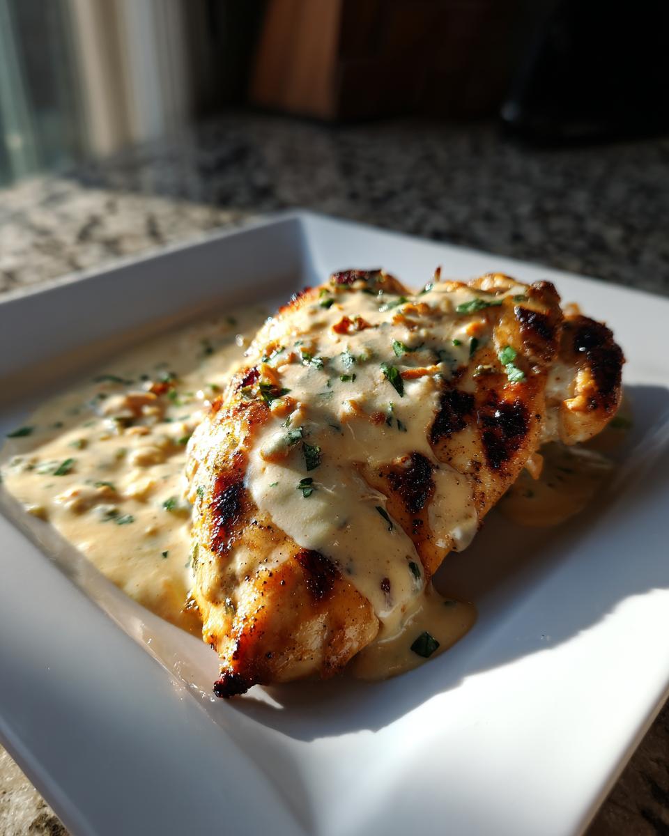 A grilled chicken breast topped with a rich, creamy sauce and herbs, representing fiesta lime chicken.