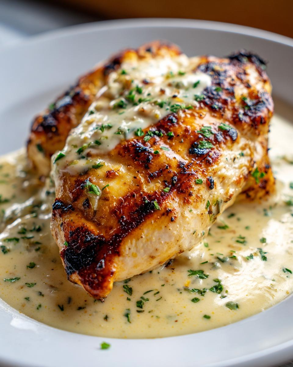 Close-up of grilled fiesta lime chicken breast topped with creamy sauce and fresh parsley.