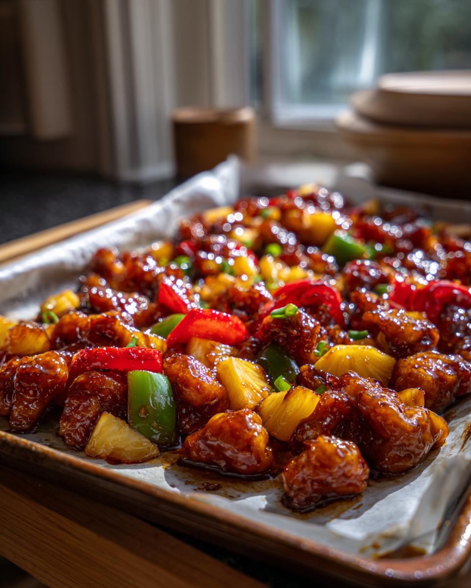 Close-up of glossy, saucy hawaiian chicken sheet pan pieces with pineapple and bell peppers.