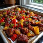 Close-up of glazed hawaiian chicken sheet pan pieces mixed with chunks of pineapple and bell peppers.