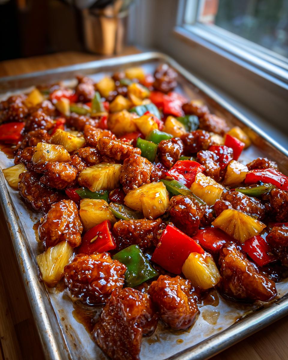 Close-up of baked hawaiian chicken sheet pan pieces coated in sticky sauce with pineapple and peppers.