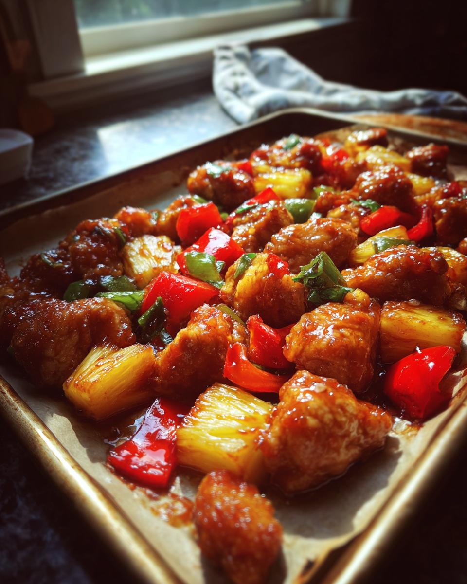 Close-up of glazed chicken pieces, pineapple chunks, and bell peppers on a sheet pan for hawaiian chicken sheet pan.
