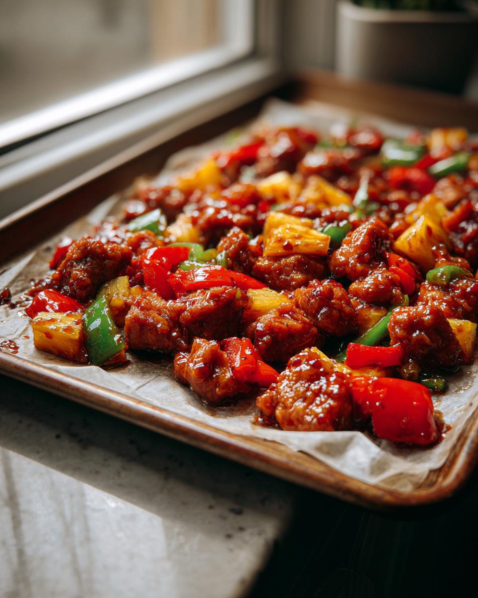 Close-up of glistening, saucy hawaiian chicken sheet pan pieces mixed with pineapple and bell peppers.