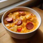 A close-up of a bowl of creamy cajun potato soup topped with melted cheddar cheese and slices of smoked sausage.