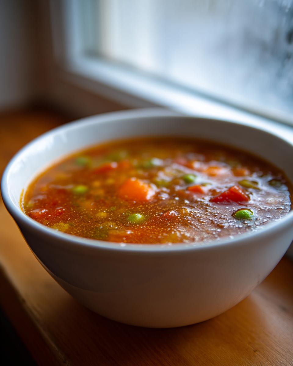 Close-up of a white bowl filled with rich, vegetable-laden minestrone soup, sitting on a wooden surface near a window.
