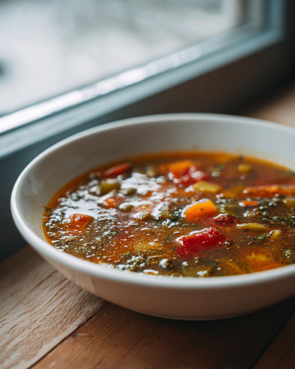 A close-up view of a steaming bowl of rich, vegetable-filled minestrone soup resting on a wooden surface near a window.