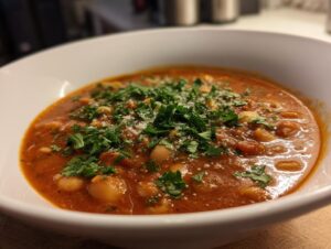 Close-up of a rich, tomato-based pasta e fagioli soup topped with fresh parsley and grated cheese.