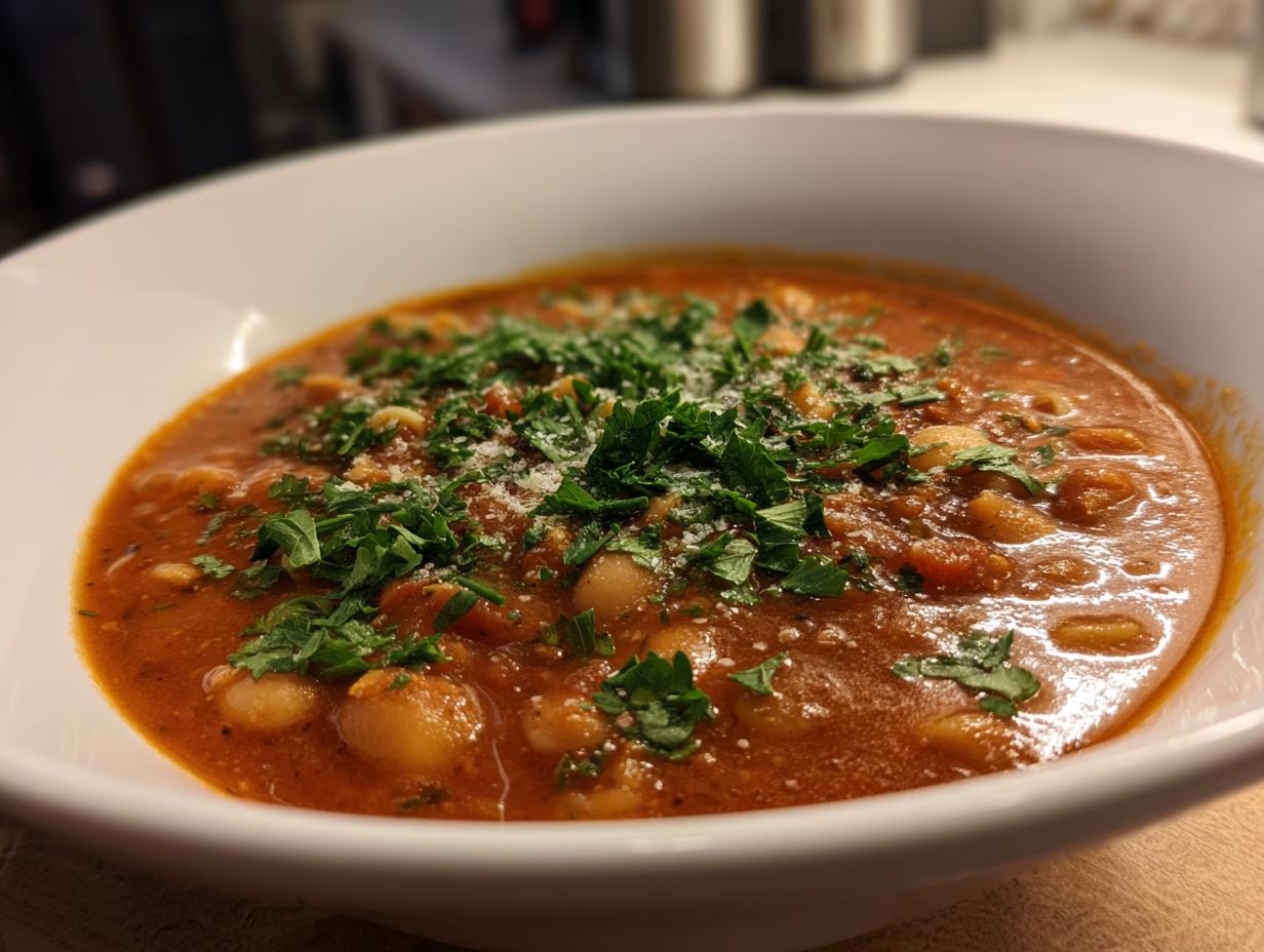 Close-up of a rich, tomato-based pasta e fagioli soup topped with fresh parsley and grated cheese.